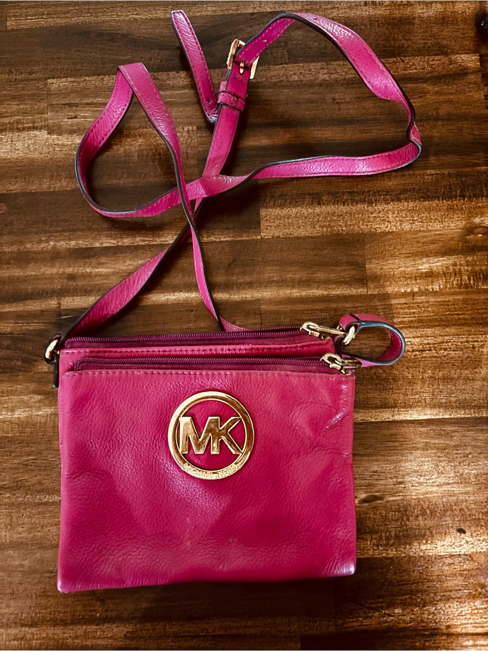 Michael Kors Fuchsia Pink Leather Crossbody with Gold MK Emblem